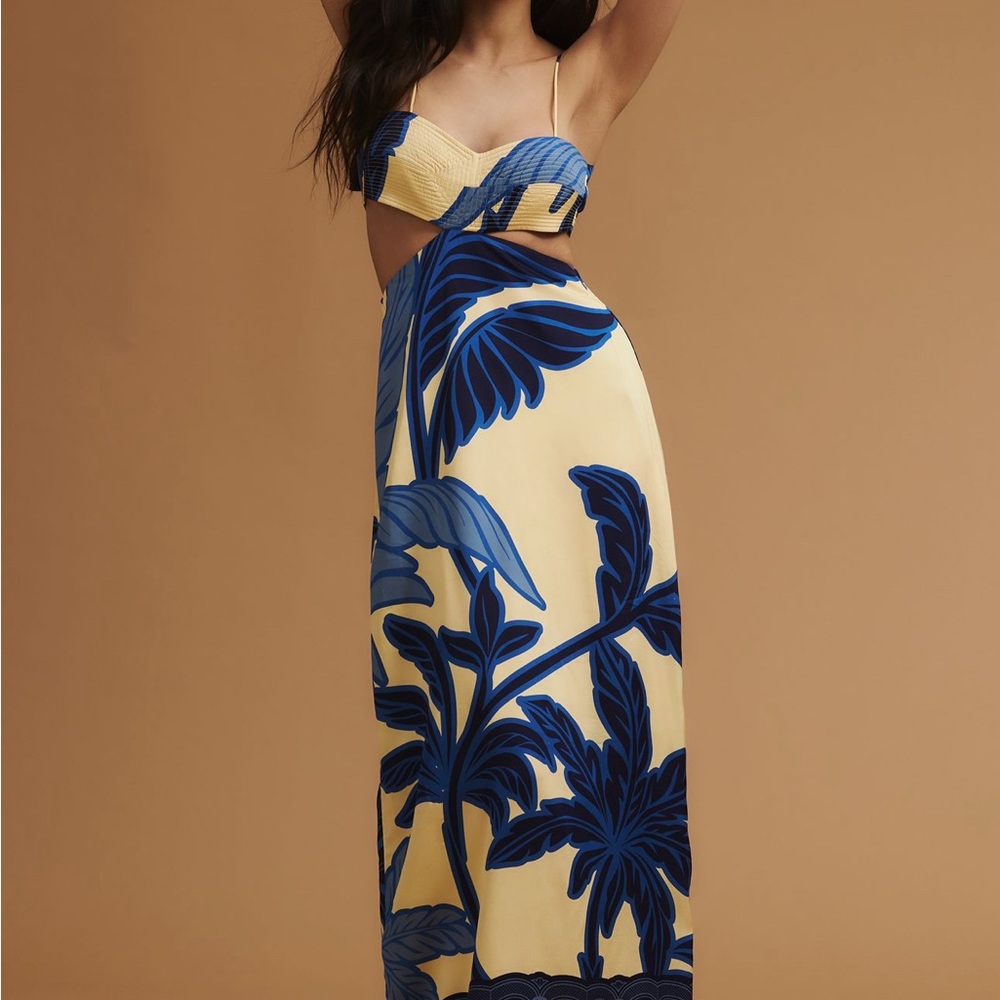 Elegant Black and Blue Leaf Print Maxi Dress